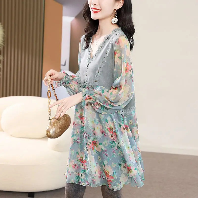 Vintage Midi Jurk met Chiffon en Bloemenpatroon