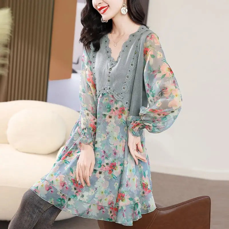 Vintage Midi Jurk met Chiffon en Bloemenpatroon