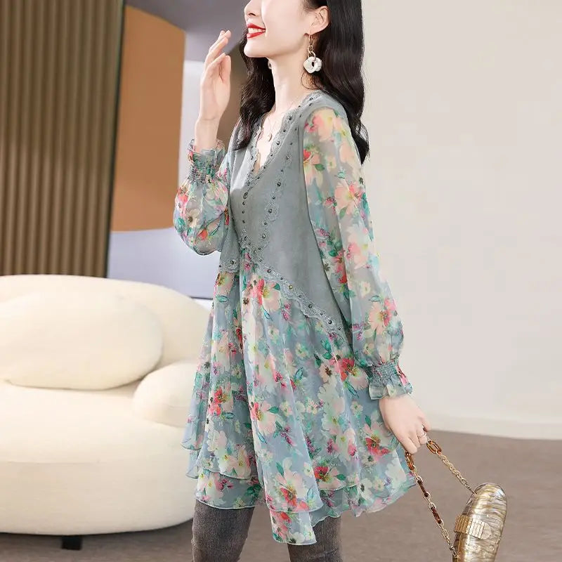 Vintage Midi Jurk met Chiffon en Bloemenpatroon