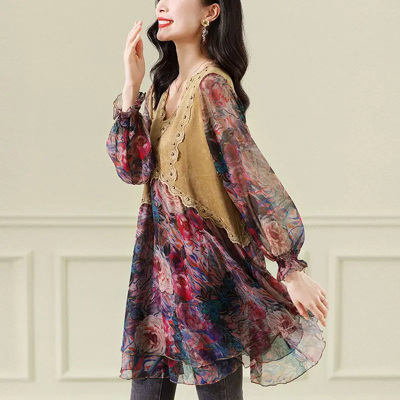 Vintage Midi Jurk met Chiffon en Bloemenpatroon