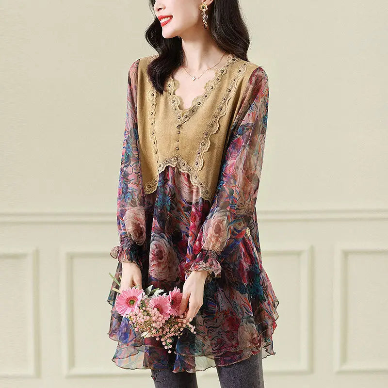 Vintage Midi Jurk met Chiffon en Bloemenpatroon