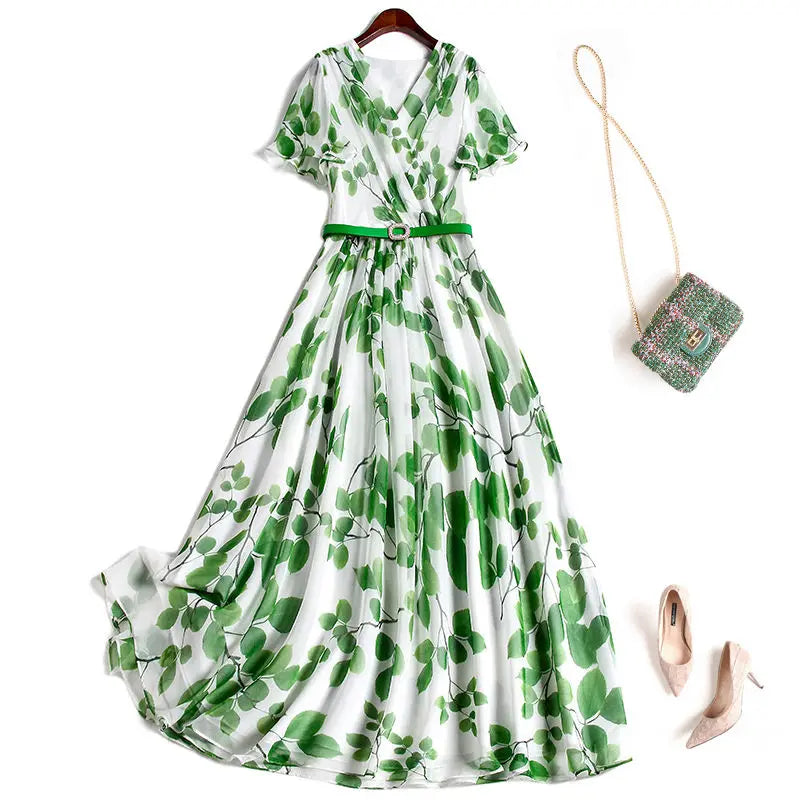 Luna Damen Sommerkleid mit Blattmuster und V-Ausschnitt