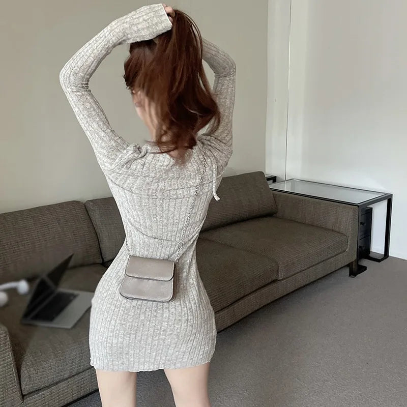 Vrouwen Jurk Solide Kleur Split Korte Stijl Lange Mouw Ontwerp Halter Strakke Jurken