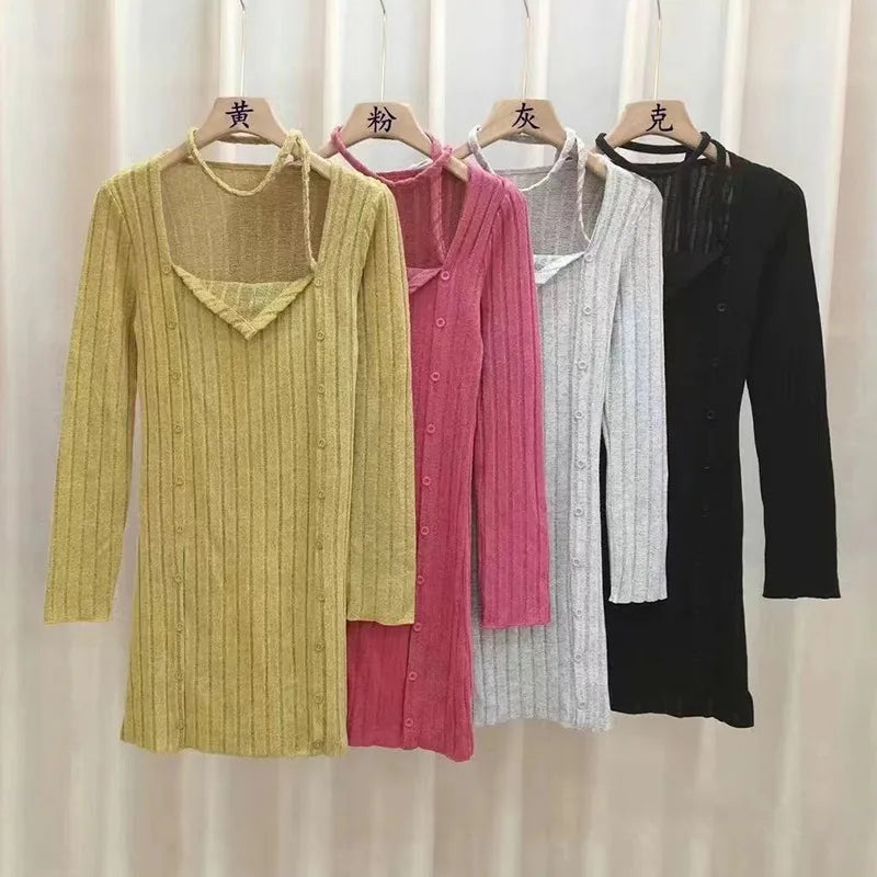 Vrouwen Jurk Solide Kleur Split Korte Stijl Lange Mouw Ontwerp Halter Strakke Jurken