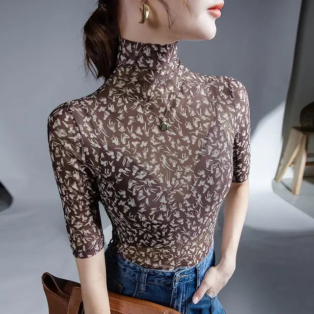 TrendWave Abbigliamento Donna Fondo Sottile in Rete Maglia Collo Alto a Manica Mezza