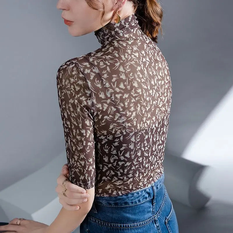 TrendWave Abbigliamento Donna Fondo Sottile in Rete Maglia Collo Alto a Manica Mezza