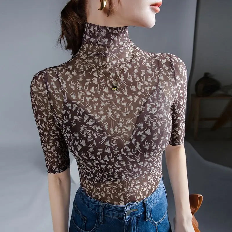 TrendWave Abbigliamento Donna Fondo Sottile in Rete Maglia Collo Alto a Manica Mezza