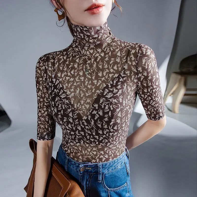 TrendWave Abbigliamento Donna Fondo Sottile in Rete Maglia Collo Alto a Manica Mezza