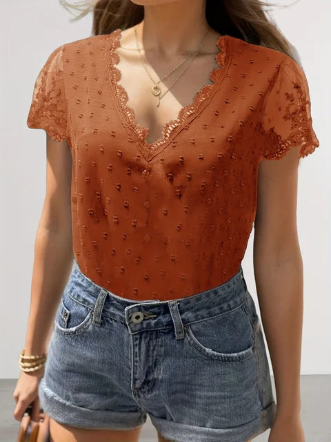 Women's Summer Blouses - Elegant V-neck and Short Sleeves