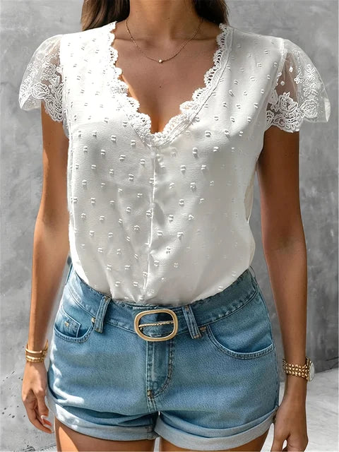 Women's Summer Blouses - Elegant V-neck and Short Sleeves