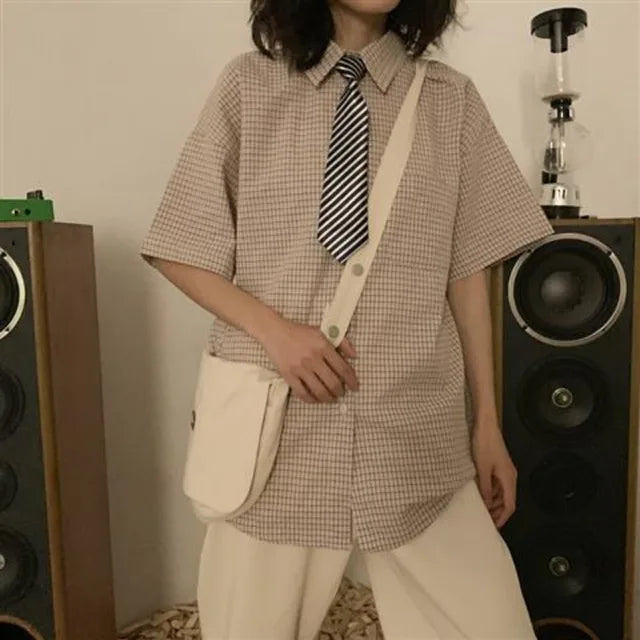 Deeptown Stylish Summer Oversized Checked Blouses for Women