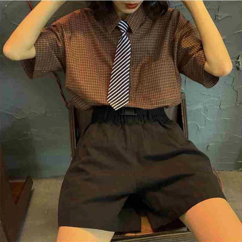 Deeptown Stylish Summer Oversized Checked Blouses for Women