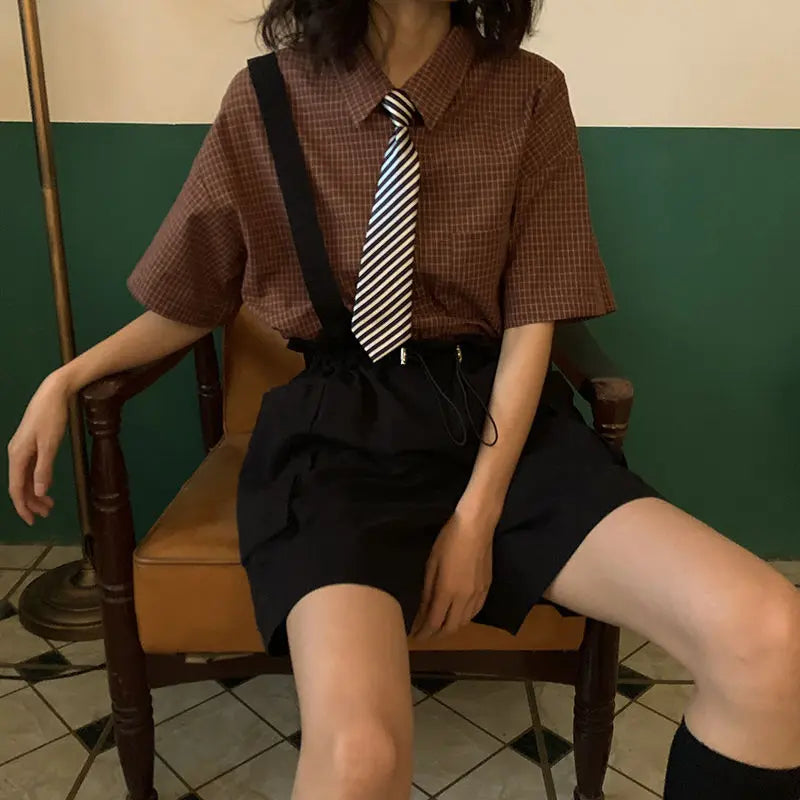 Deeptown Stylish Summer Oversized Checked Blouses for Women