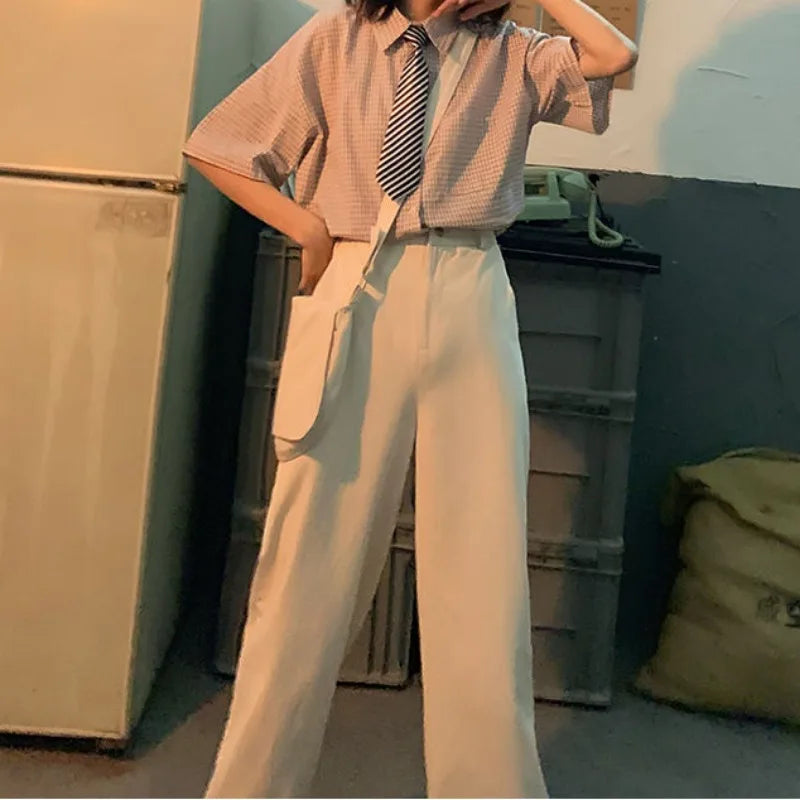 Deeptown Stylish Summer Oversized Checked Blouses for Women