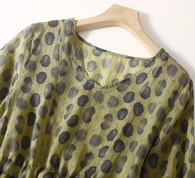 Stylish Dark Green Polka Dot Vintage Dress with Elastic Waist