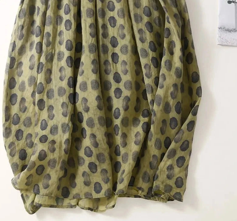 Stylish Dark Green Polka Dot Vintage Dress with Elastic Waist