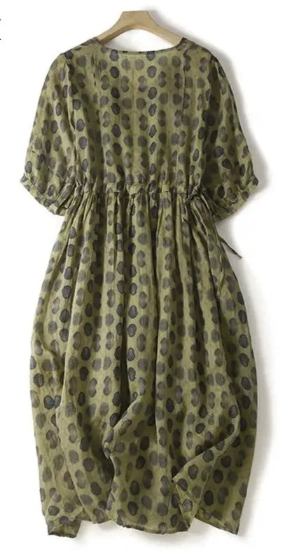 Stylish Dark Green Polka Dot Vintage Dress with Elastic Waist
