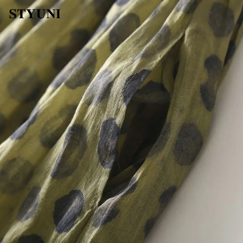 Stylish Dark Green Polka Dot Vintage Dress with Elastic Waist