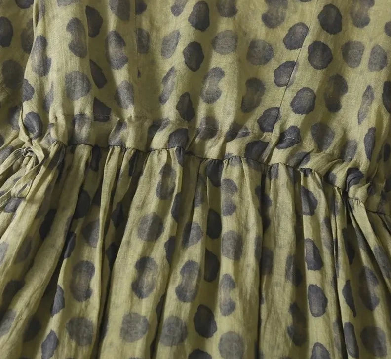 Stylish Dark Green Polka Dot Vintage Dress with Elastic Waist
