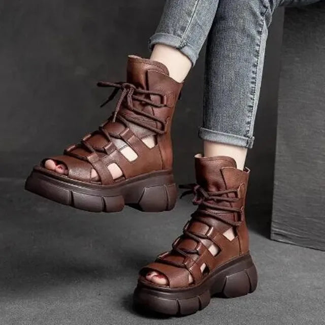 Retro Sandals of Genuine PU Leather for Women