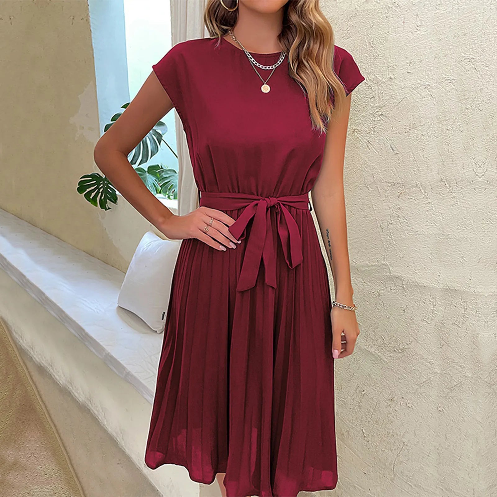 Trendy Midi Zomerjurk met V-Hals en Ruches voor Dames
