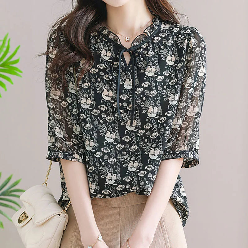 Zomerkoningin Gedrukte Chiffon Blouse voor Vrouwen