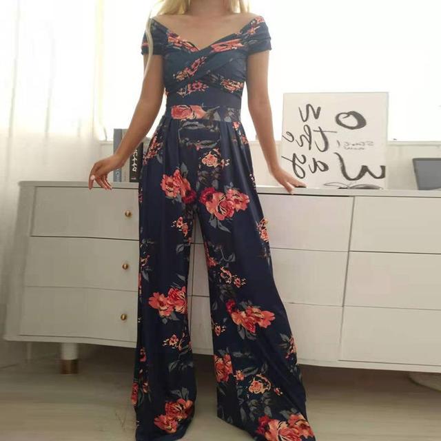 VELANORA Maxi jumpsuit print off-shoulder v-hals