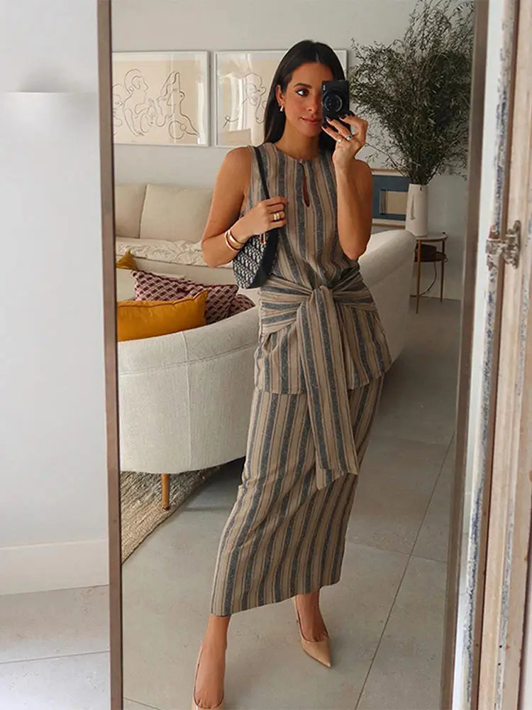 Elegant Gestreepte Rok Set van Glimmende Bries