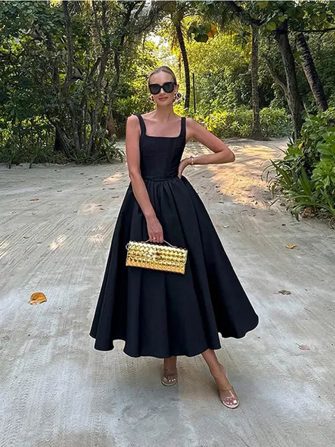 Elegante Ruches Mouwloze Midi Jurk voor Vrouwen