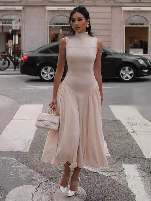 Elegante Ruches Mouwloze Midi Jurk voor Vrouwen