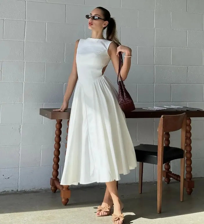 Elegante Ruches Mouwloze Midi Jurk voor Vrouwen