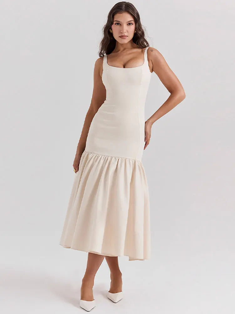 Elegante Ruches Mouwloze Midi Jurk voor Vrouwen