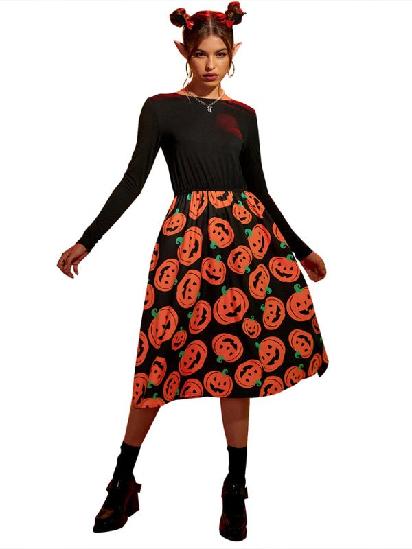 Emilia | Halloween Midi jurk met beangstigende pompoenen print