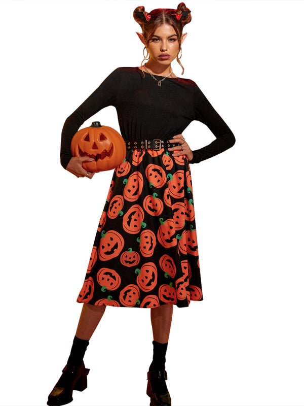 Emilia | Halloween Midi jurk met beangstigende pompoenen print