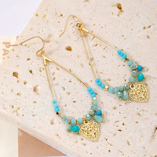 Etnische Glanzende Kralen Waterdruppel Oorbellen - Liefde Hart Vorm