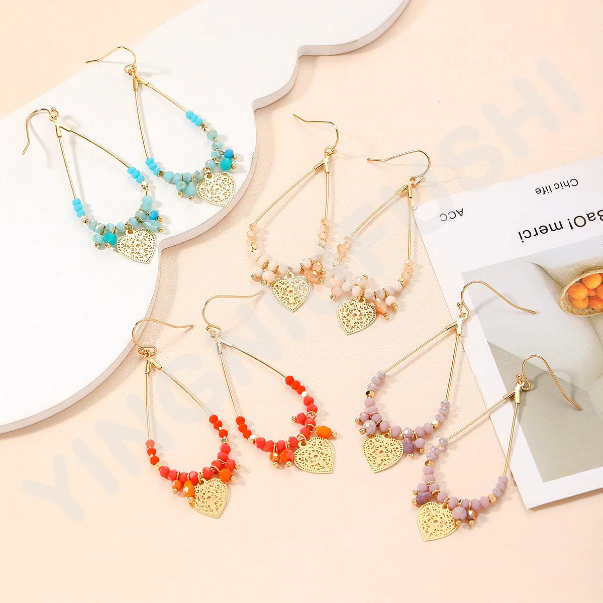 Etnische Glanzende Kralen Waterdruppel Oorbellen - Liefde Hart Vorm