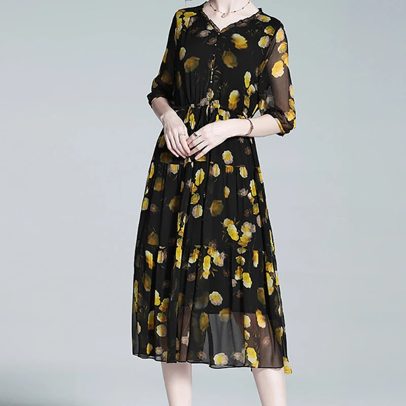 Traumhafte Blumenpracht Chiffon Kleid - Seidiger Sommer Stil