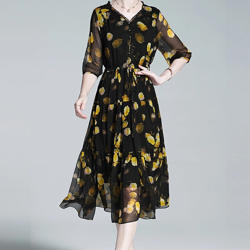 Traumhafte Blumenpracht Chiffon Kleid - Seidiger Sommer Stil