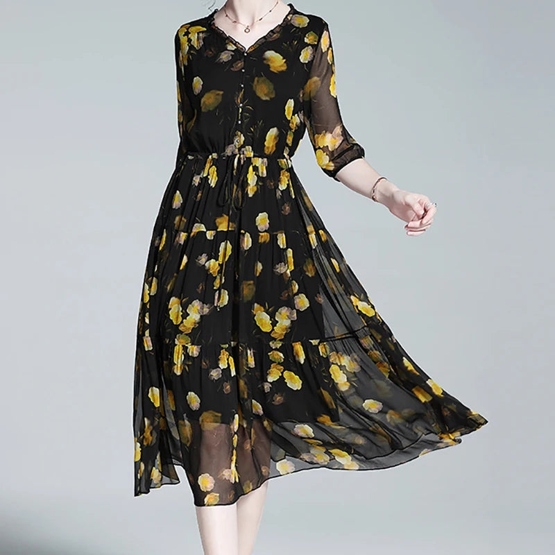 Traumhafte Blumenpracht Chiffon Kleid - Seidiger Sommer Stil