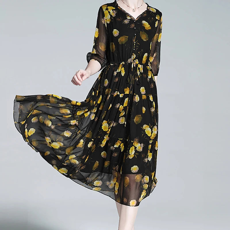 Traumhafte Blumenpracht Chiffon Kleid - Seidiger Sommer Stil
