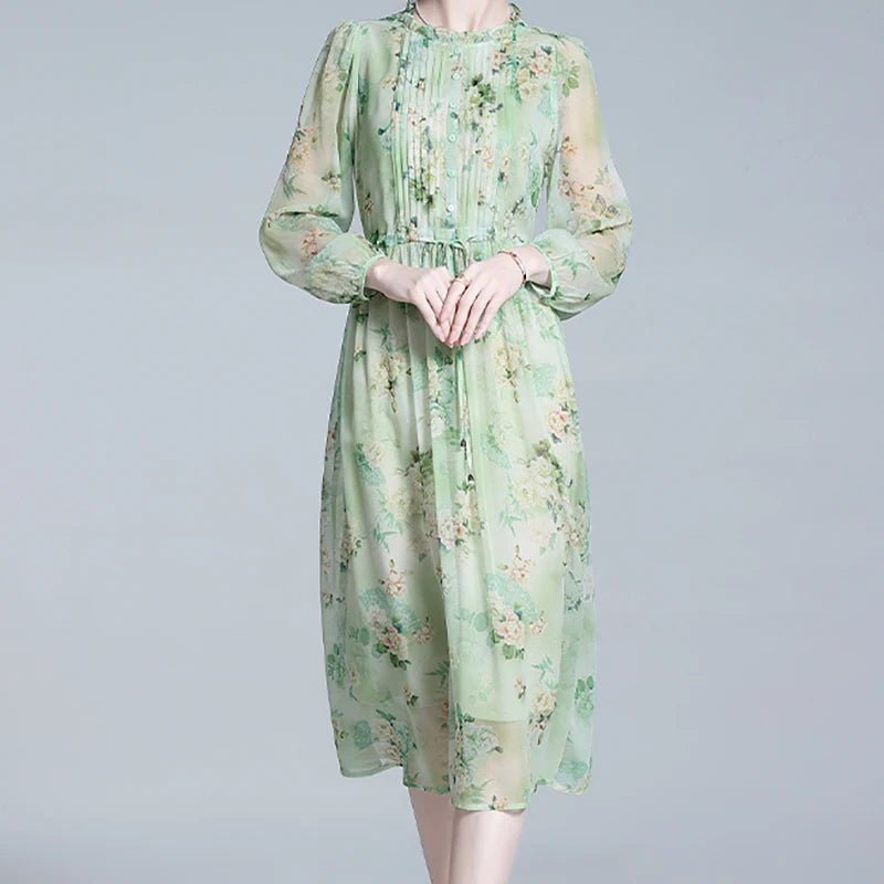 Zomerse Vrouwen Chic Groene Bloemenprint Chiffon Jurk