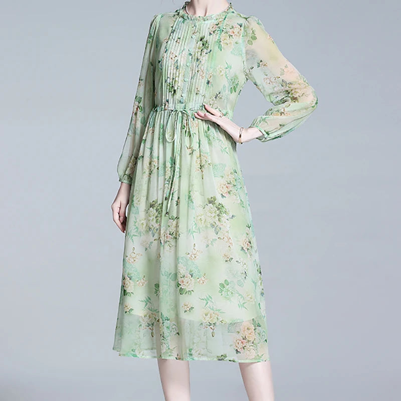 Zomerse Vrouwen Chic Groene Bloemenprint Chiffon Jurk