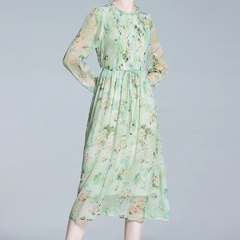 Zomerse Vrouwen Chic Groene Bloemenprint Chiffon Jurk