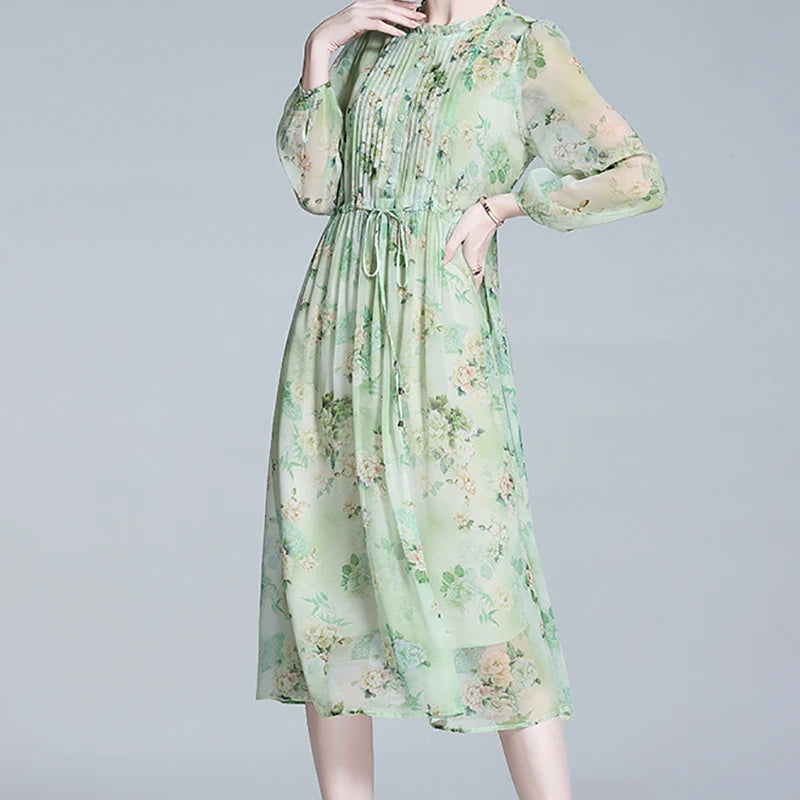 Zomerse Vrouwen Chic Groene Bloemenprint Chiffon Jurk