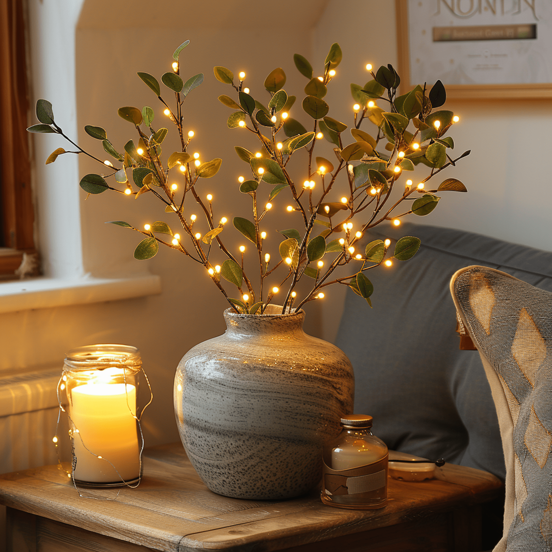 Fairy Light Olijfboom van NatuurGlans, een sfeervol decoratie-item met subtiele LED-lichtjes verweven in realistisch ogende olijftakken. Geplaatst in een rustieke vaas, straalt het een warme en uitnodigende gloed uit, ideaal om een gezellige ambiance te creëren in woonkamers, slaapkamers of bij speciale gelegenheden.
