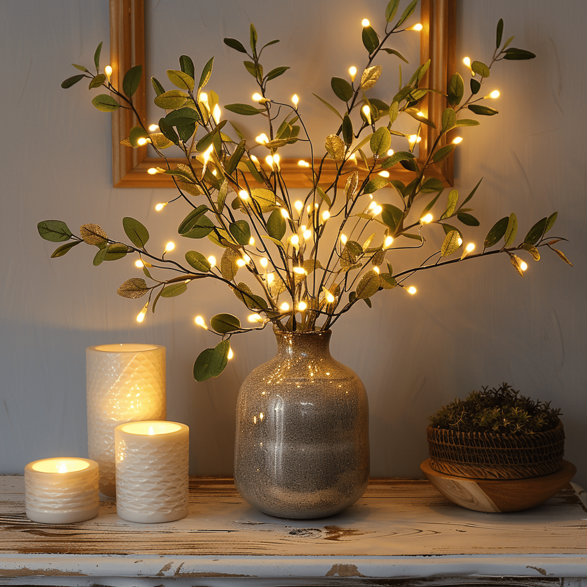 Fairy Light Olijfboom van NatuurGlans, een prachtige decoratieve olijfboomtak met ingebouwde LED-lichtjes die een warme en magische gloed uitstralen. Geplaatst in een glanzende vaas, ideaal om een gezellige en sfeervolle hoek in huis te creëren. Perfect voor woonkamer, eettafel of slaapkamer.