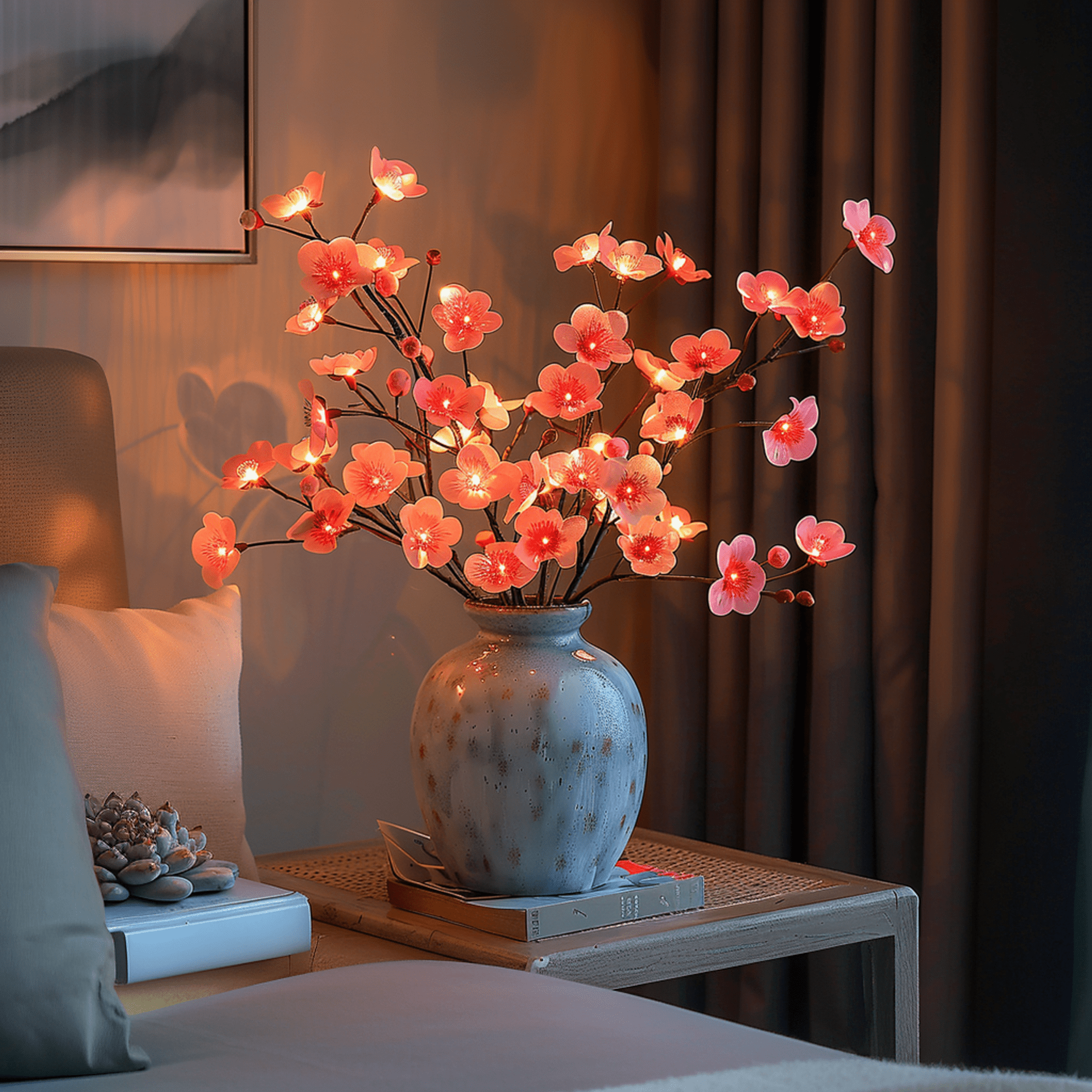 Fairy Light Olijfboom van NatuurGlans, een elegante decoratieve bloesemtak met warme LED-lichtjes die een serene en romantische sfeer creëren. Geplaatst in een stijlvolle keramische vaas, ideaal als opvallend accentstuk voor de slaapkamer, woonkamer of eetruimte. Een betoverende toevoeging aan elk interieur.