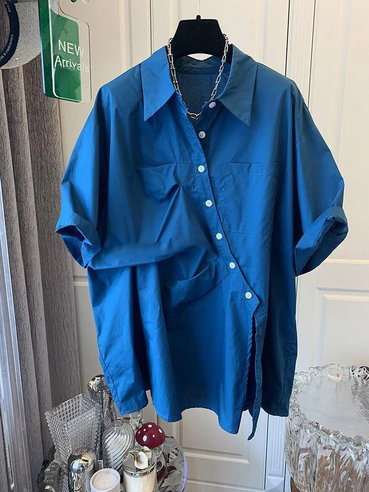 Franse Geplooide Gespleten Korte Mouw Shirt Top voor Vrouwen