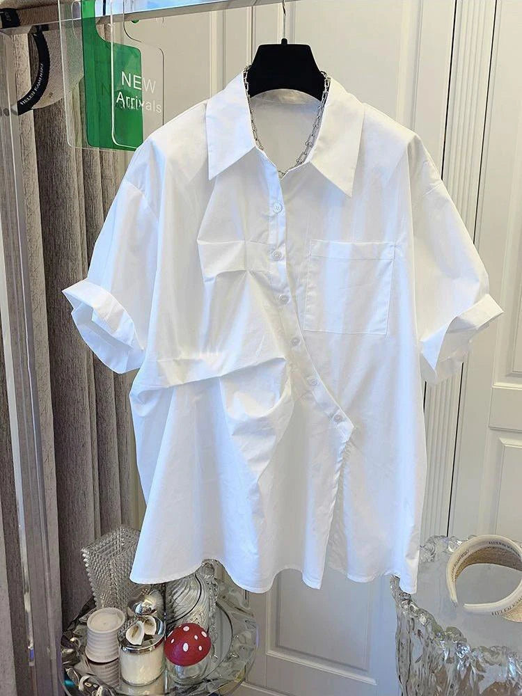 Franse Geplooide Gespleten Korte Mouw Shirt Top voor Vrouwen