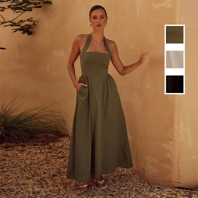 Summer Breeze Pleated Halter Dress with Bare Back